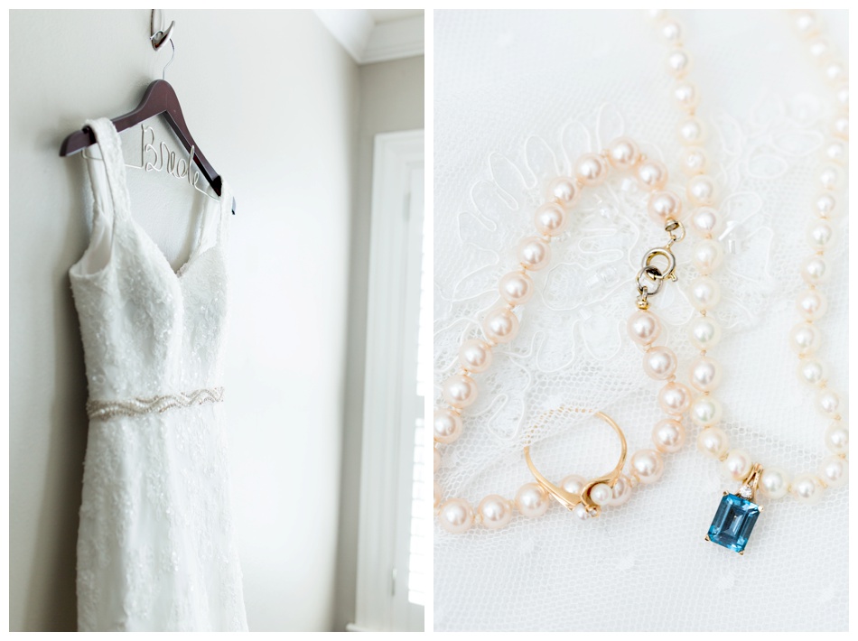 wedding dress and something blue pearl necklace