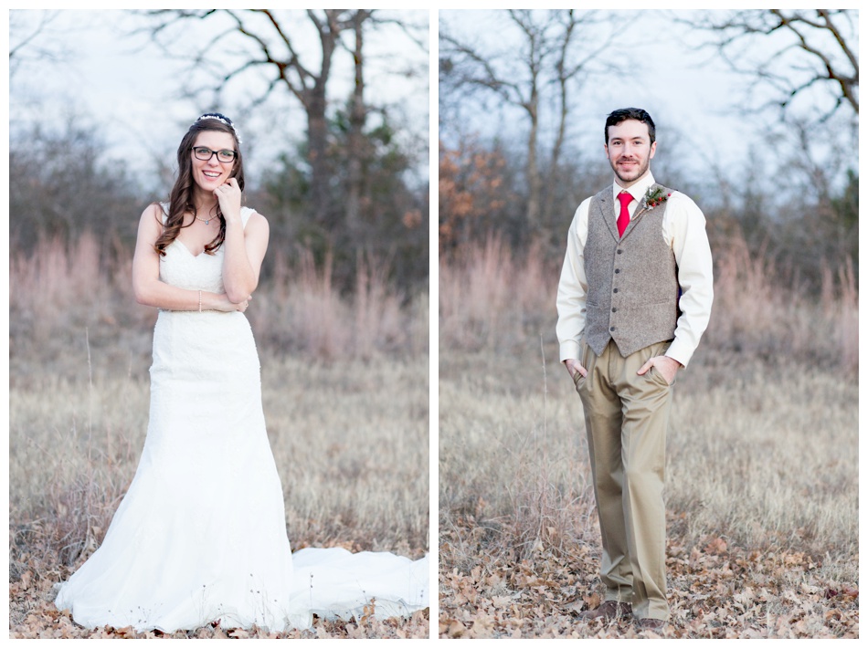 winter wedding bride and groom portrait in field