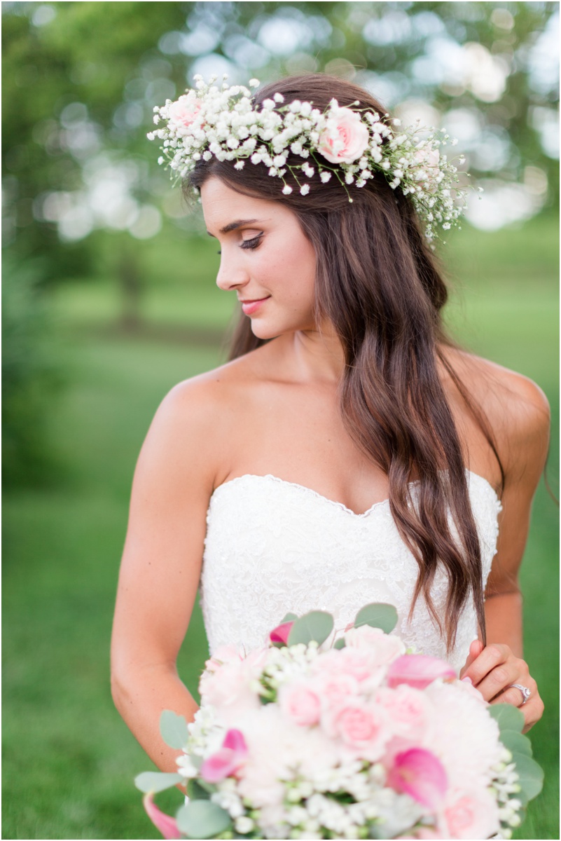 bride with pink rose floral crown
