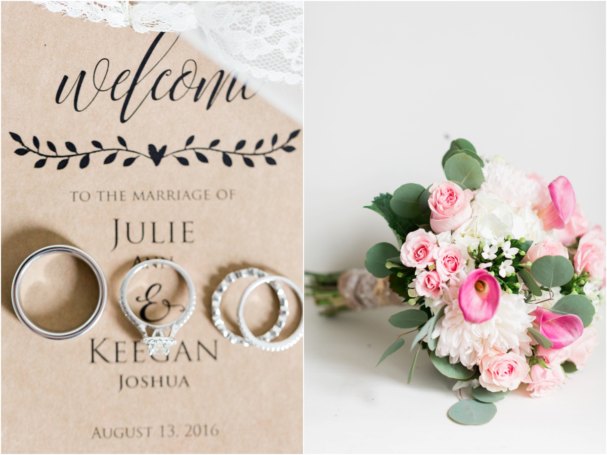 wedding rings, invitation and bouquet