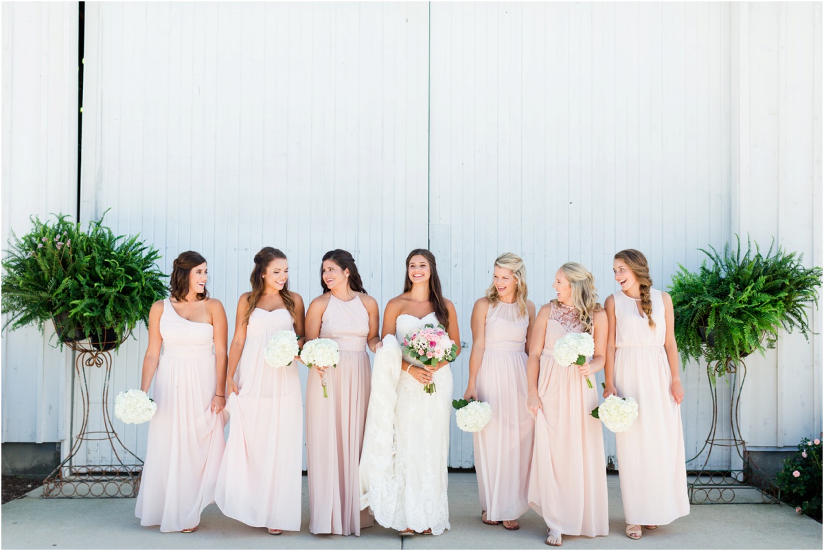 bridesmaids in long blush dresses