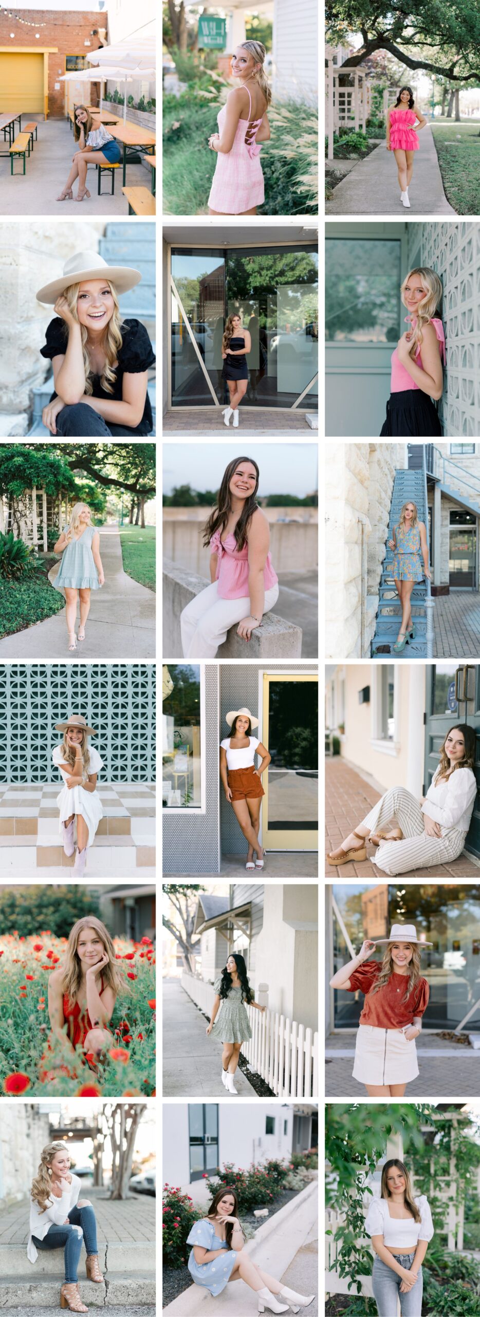 A collage of senior portraits in the Downtown Georgetown Square by Austin Senior Photographer Angela Lally