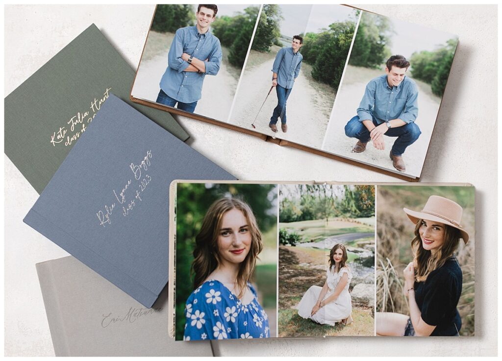 Flatlay senior portrait photo albums