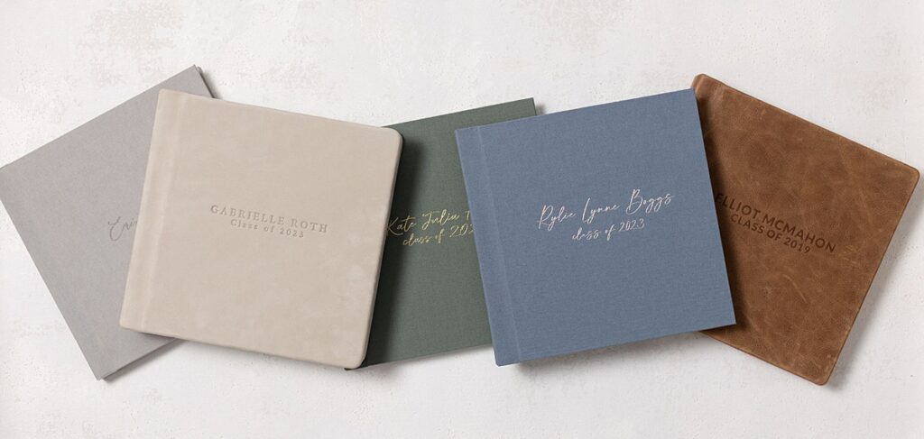 Heirloom quality senior portrait albums with personalized linen and leather covers.