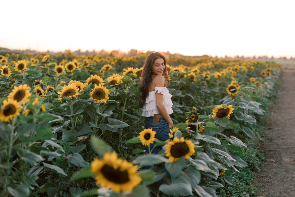 Wide sunflower field senior portrait near Westlake Village during late summer bloom