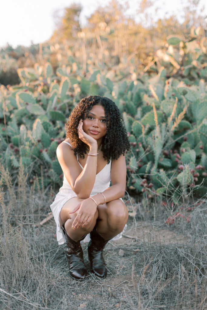 Thousand Oaks senior photos with natural cactus background in Southern California during golden hour